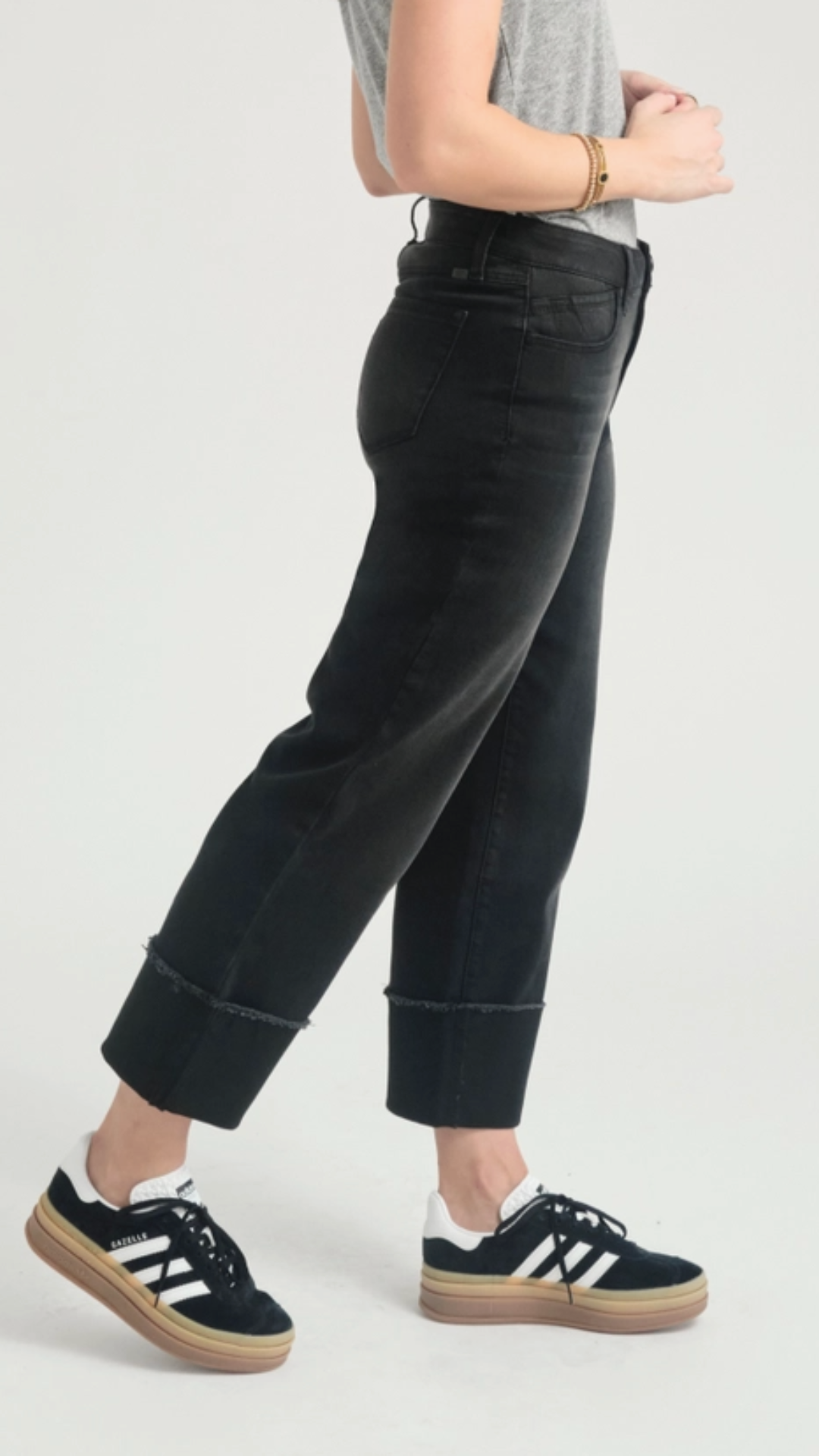 Mid Rise Black Cuffed Straight Leg Jeans