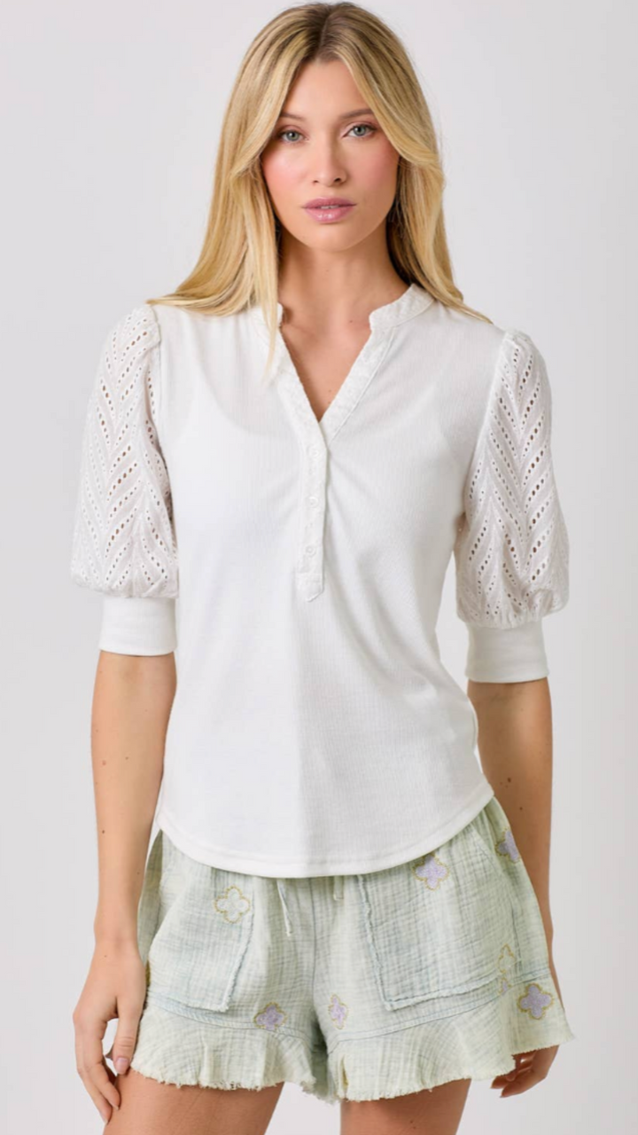 Off White Puff Sleeve Contrast Top