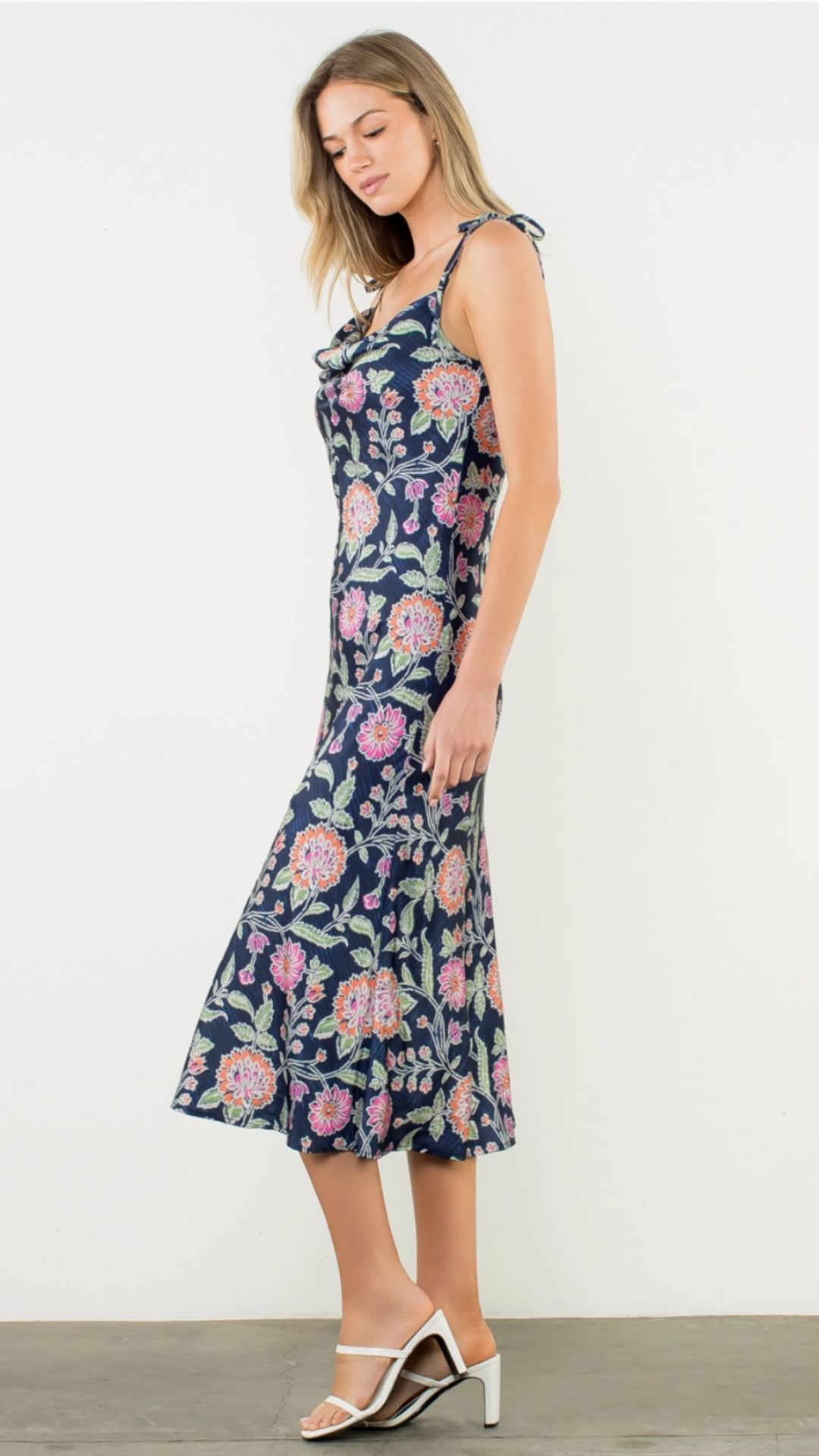 Tie Strap Cowl Neck Floral Midi Dress