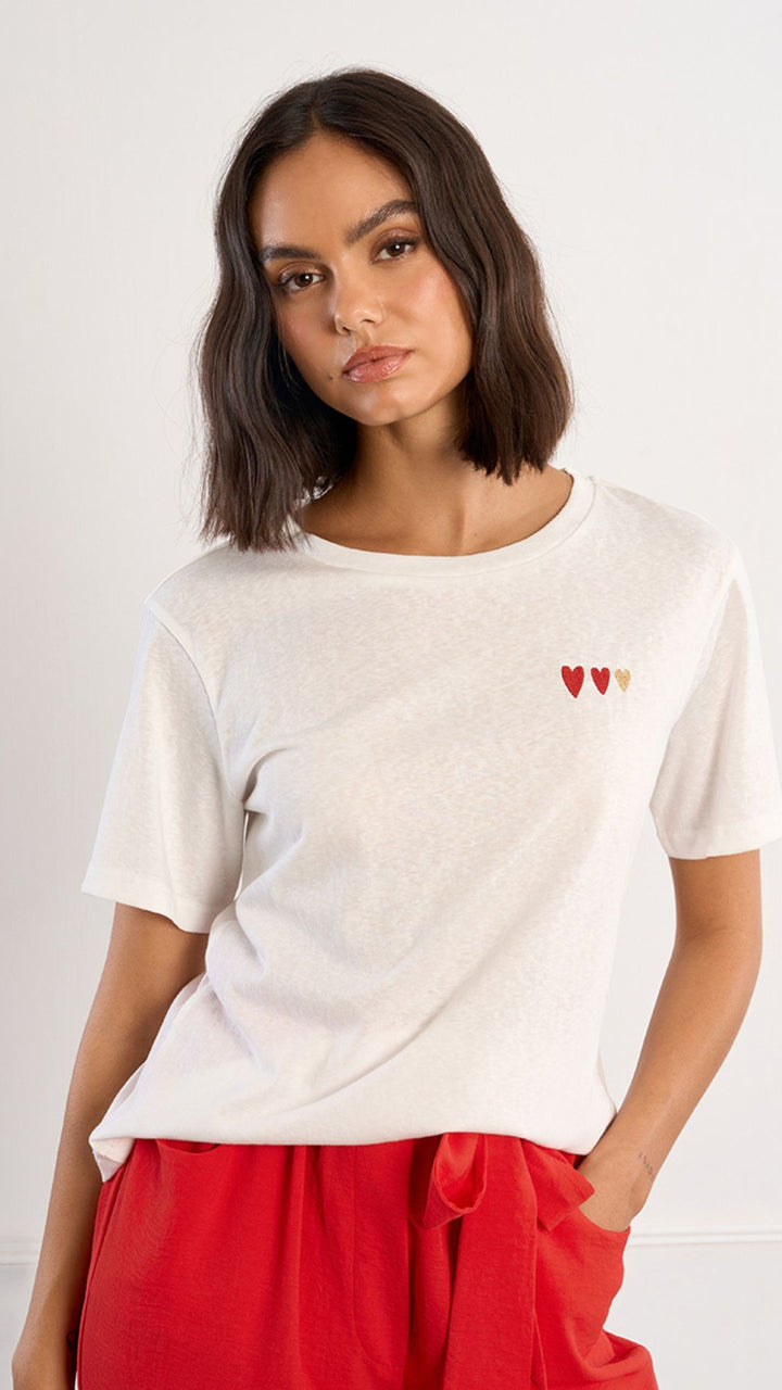 White Three Hearts Embroidered Tee