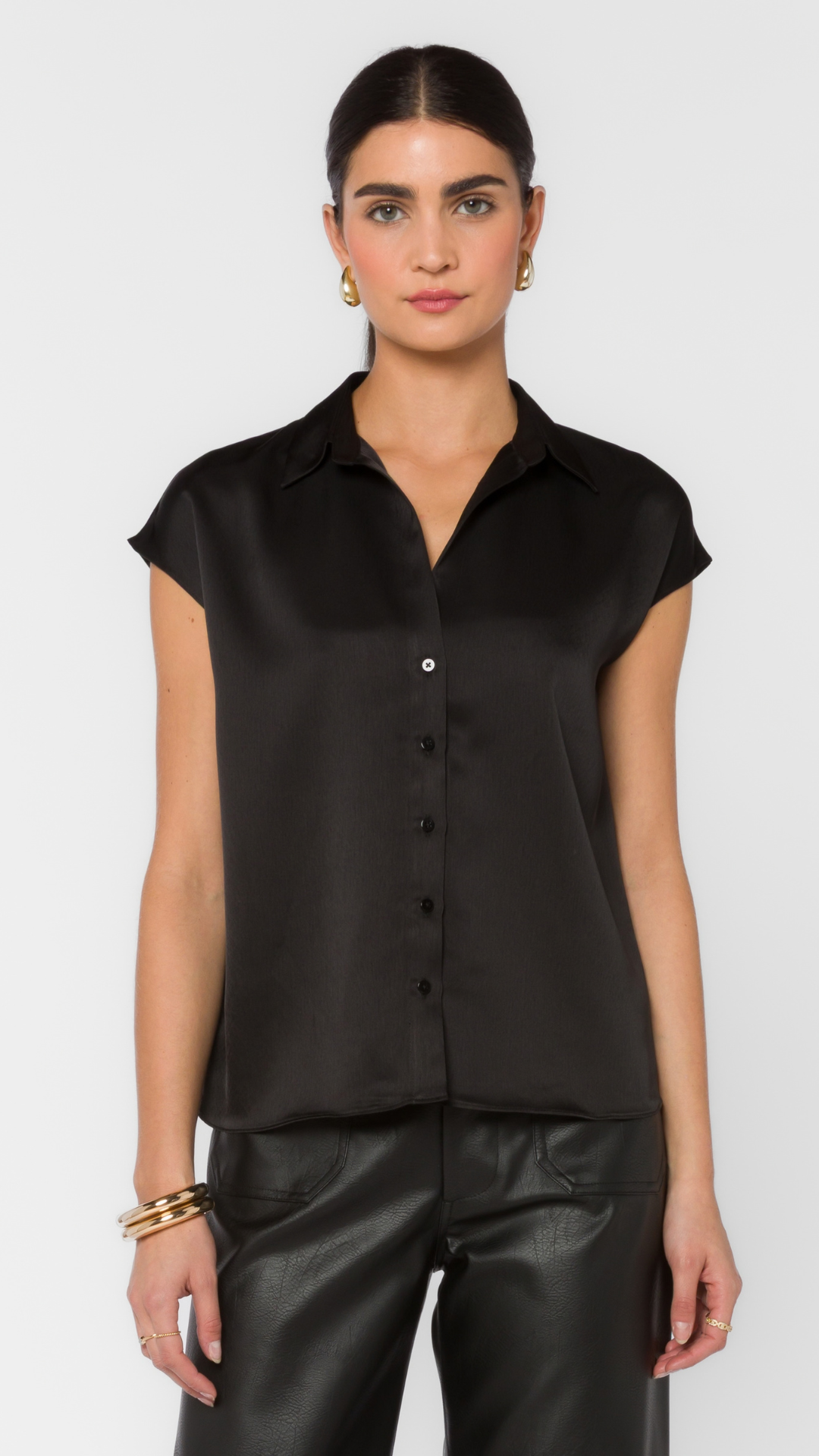 Black Cap Sleeve Satin Blouse