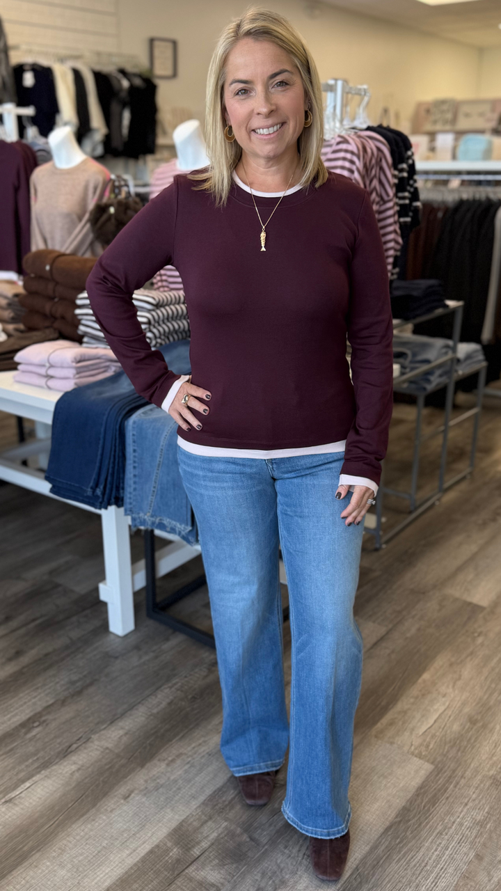 Burgundy And Pink Contrast Trim Long Sleeve Top