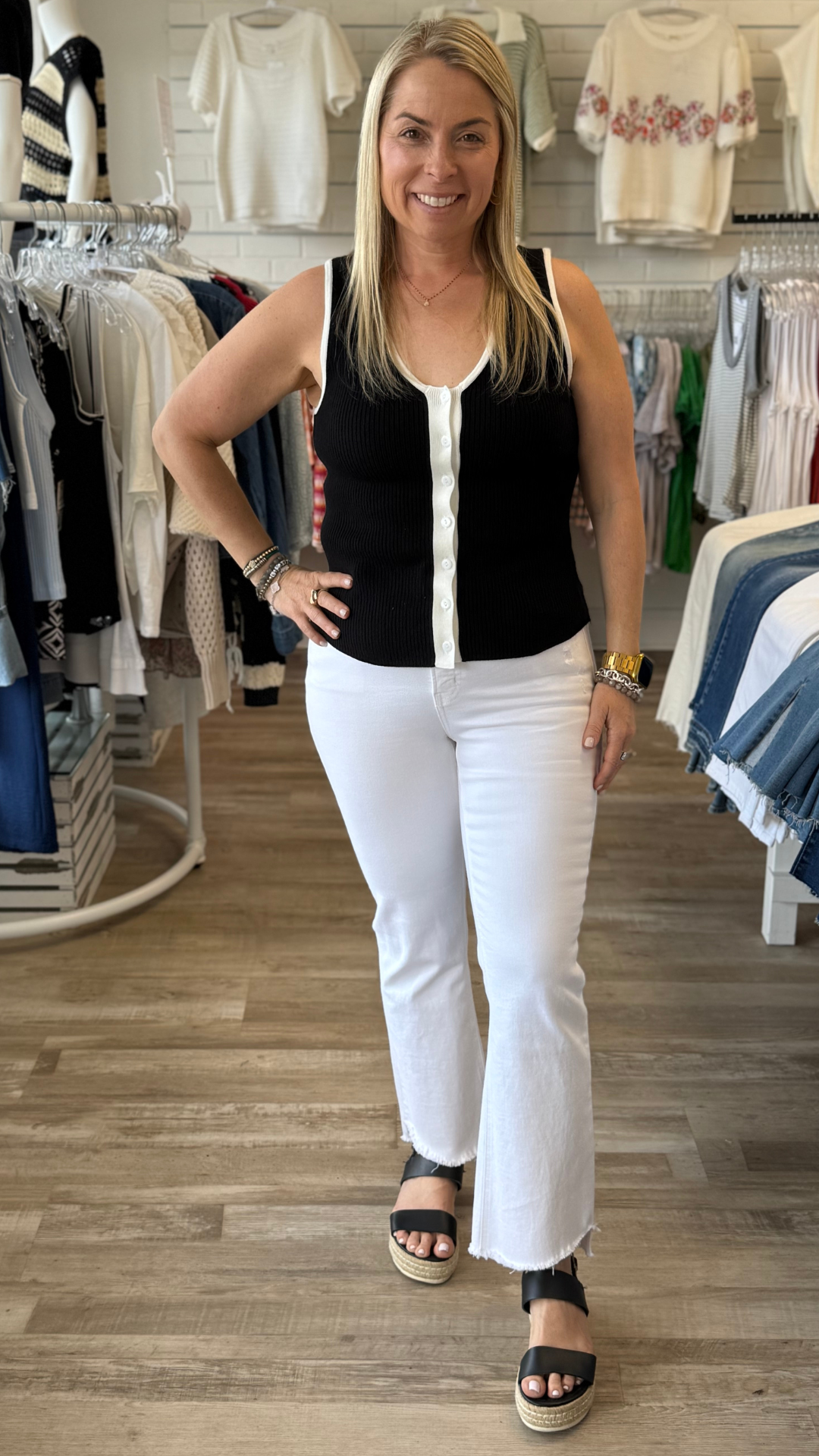 Black Rib Sweater Tank With Cream Contrast