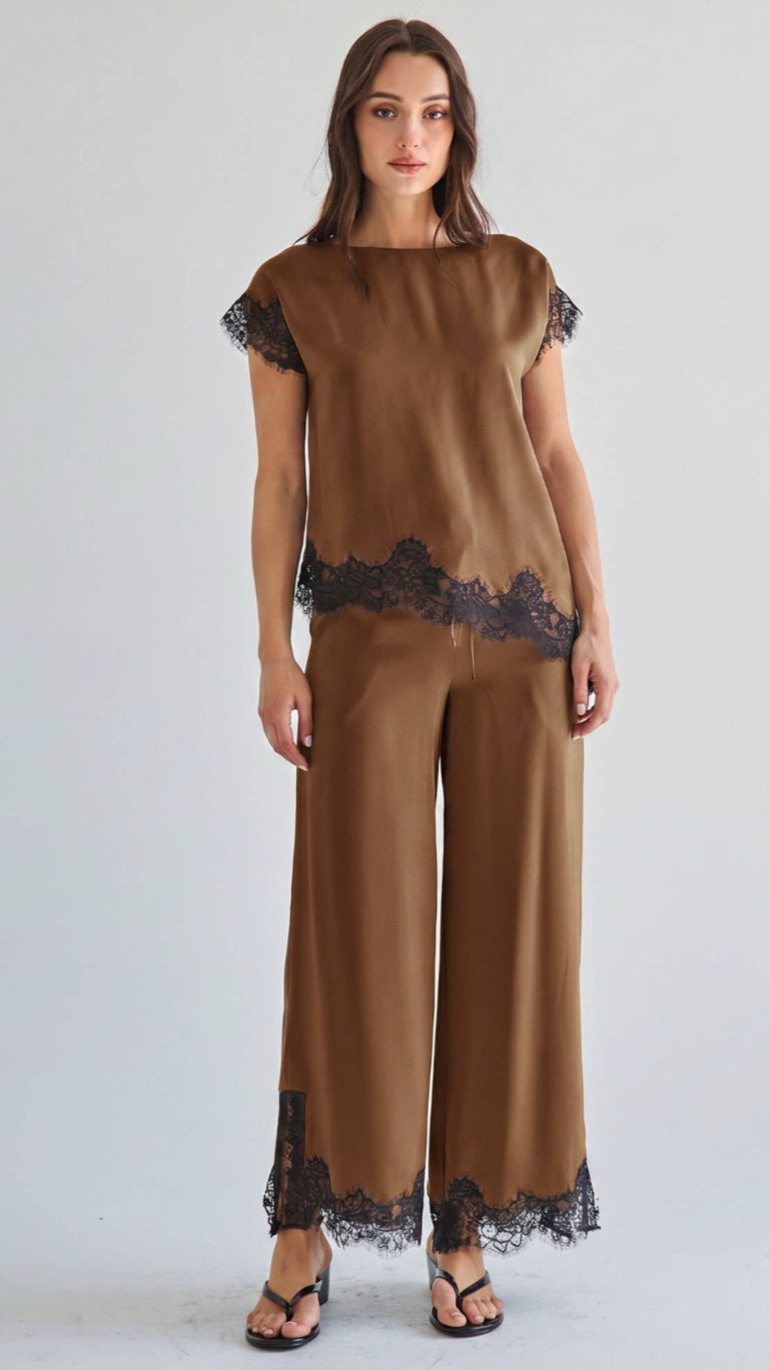 Mocha Satin Lace Top And Pants Set