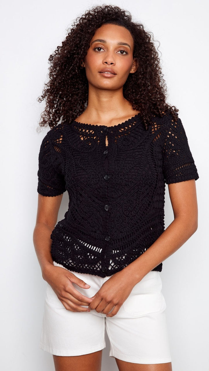 Black Reversible Short Sleeve Crochet Top
