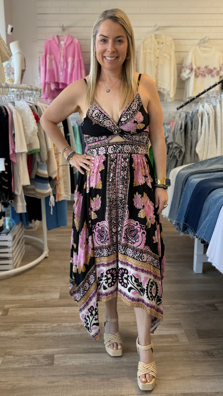 V Neck Hanky Hem Twist Front Cut Out Maxi Dress