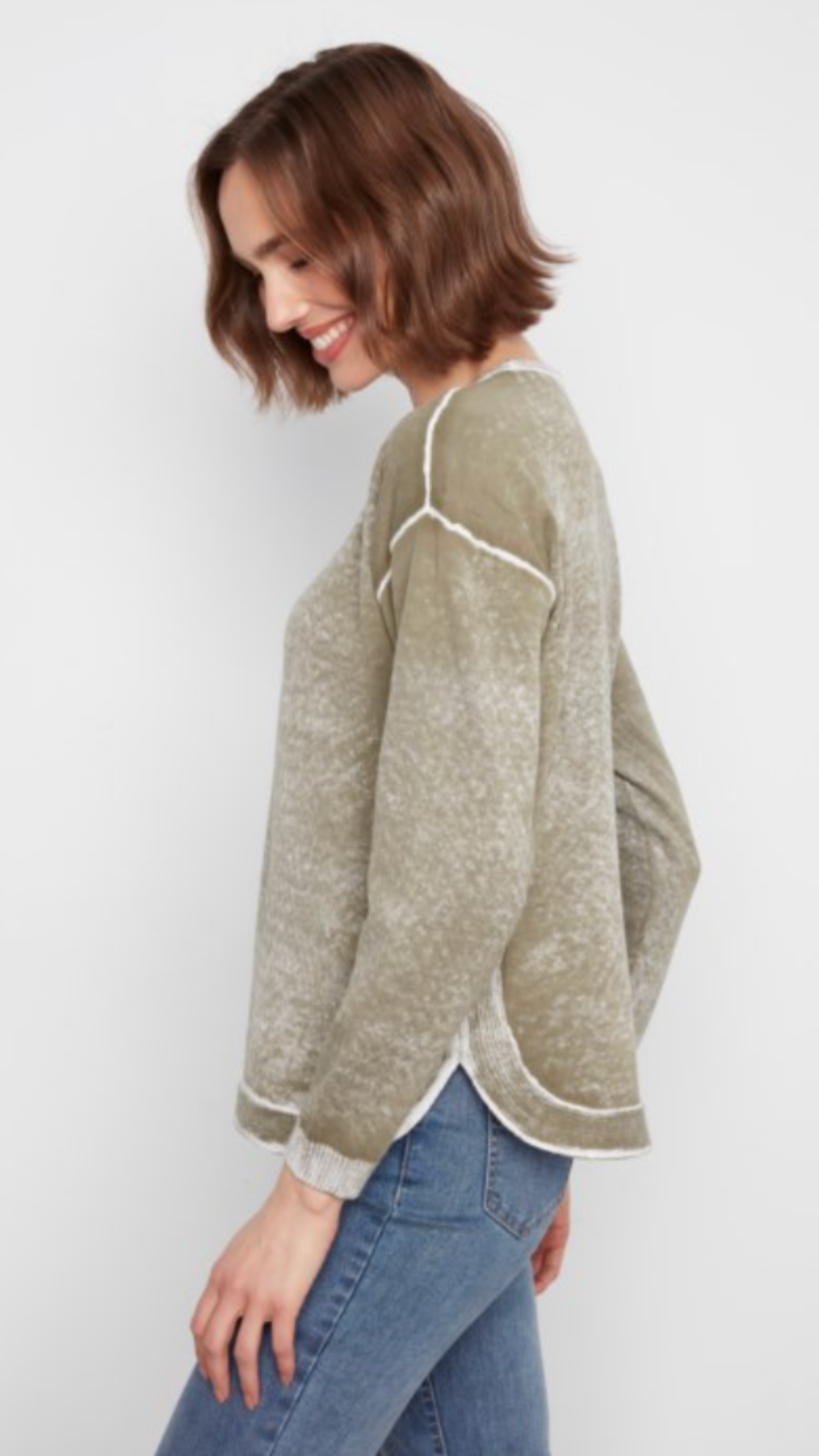 Olive Cotton Crew Neck Reverse Print Sweater