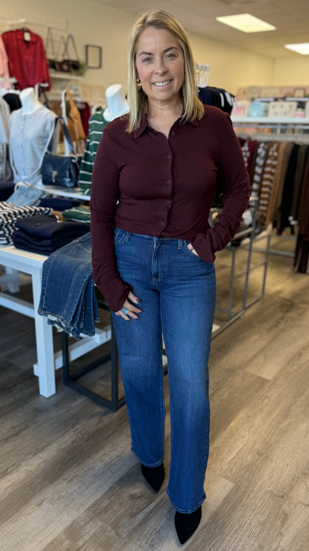 Burgundy Soft Long Sleeve Henley Knit Top