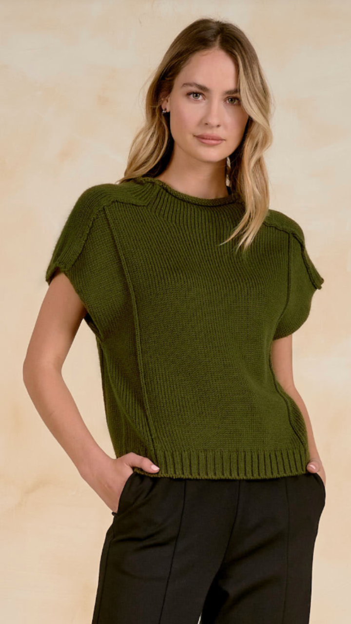 Olive Crew Neck Cap Sleeve Sleeveless Sweater