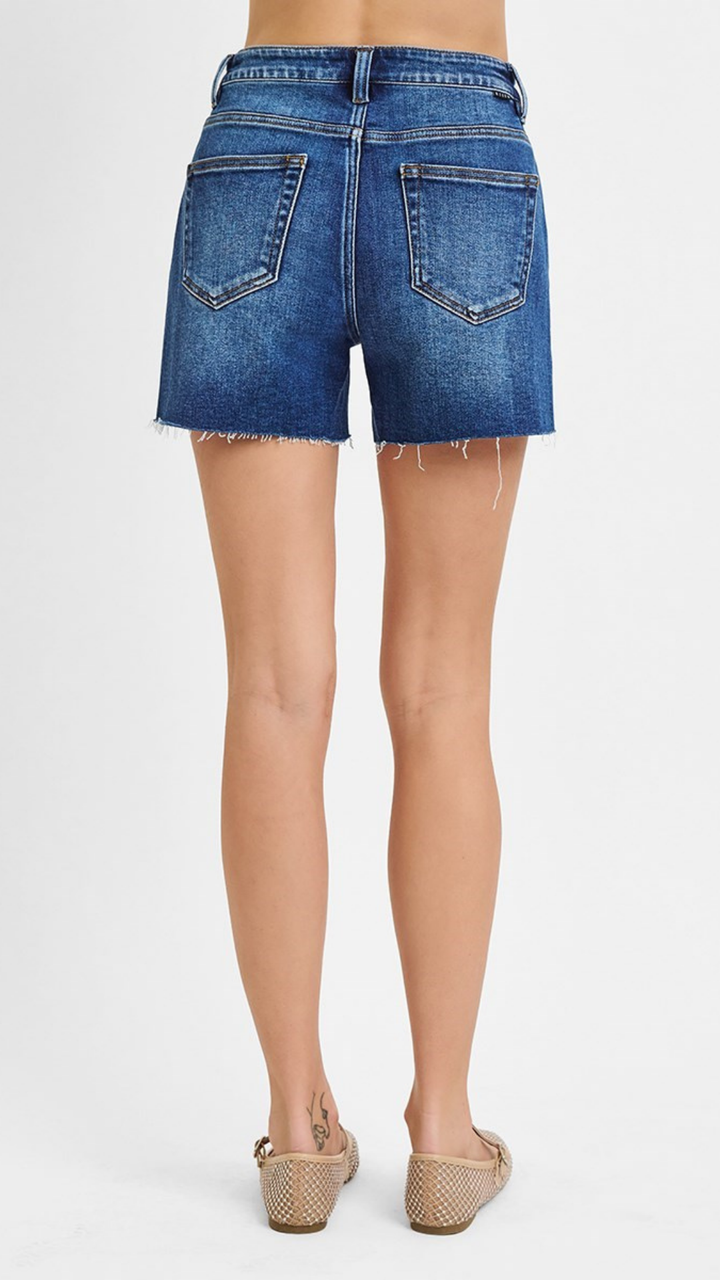 High Rise Dark Wash Raw Cut Side Slit Shorts