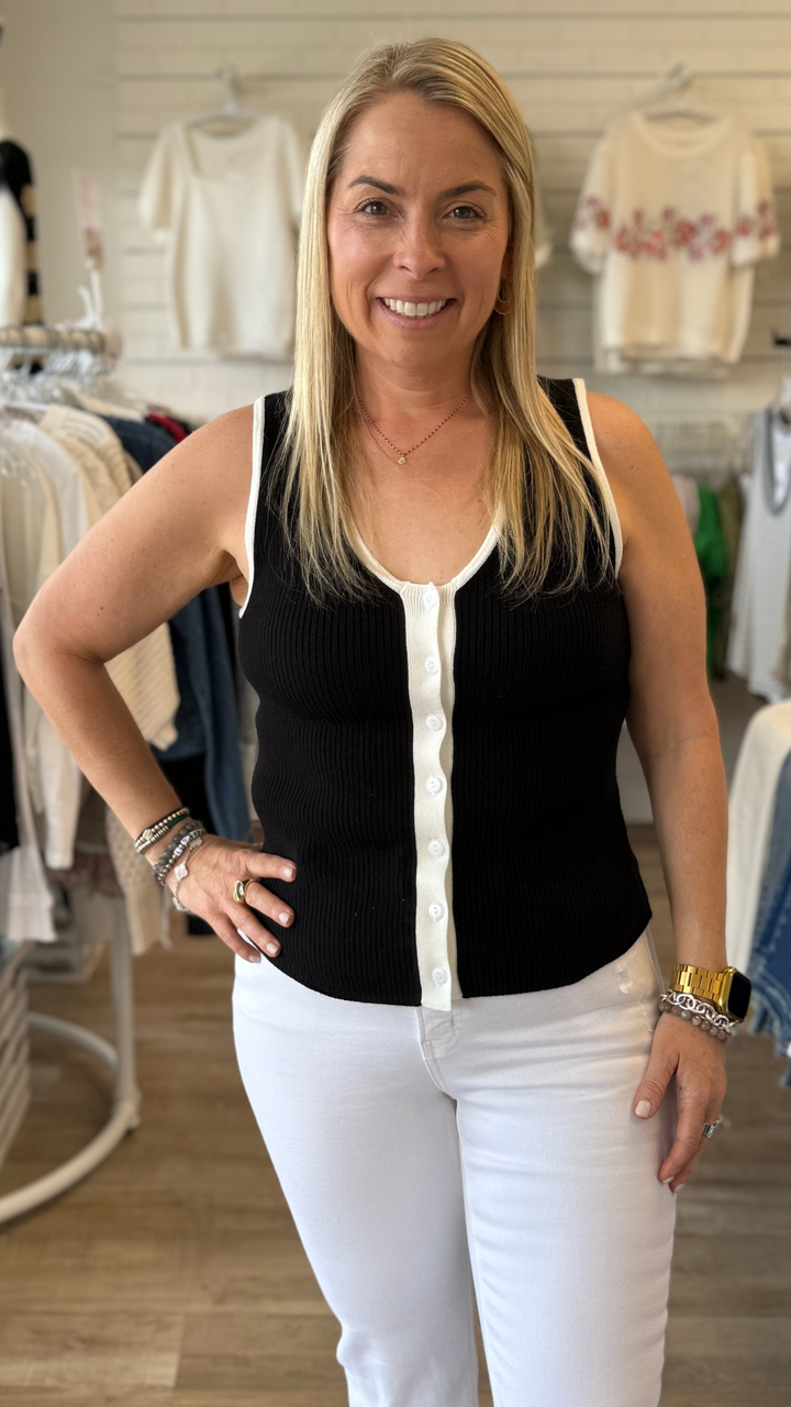 Black Rib Sweater Tank With Cream Contrast