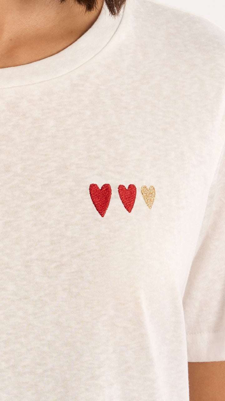 White Three Hearts Embroidered Tee