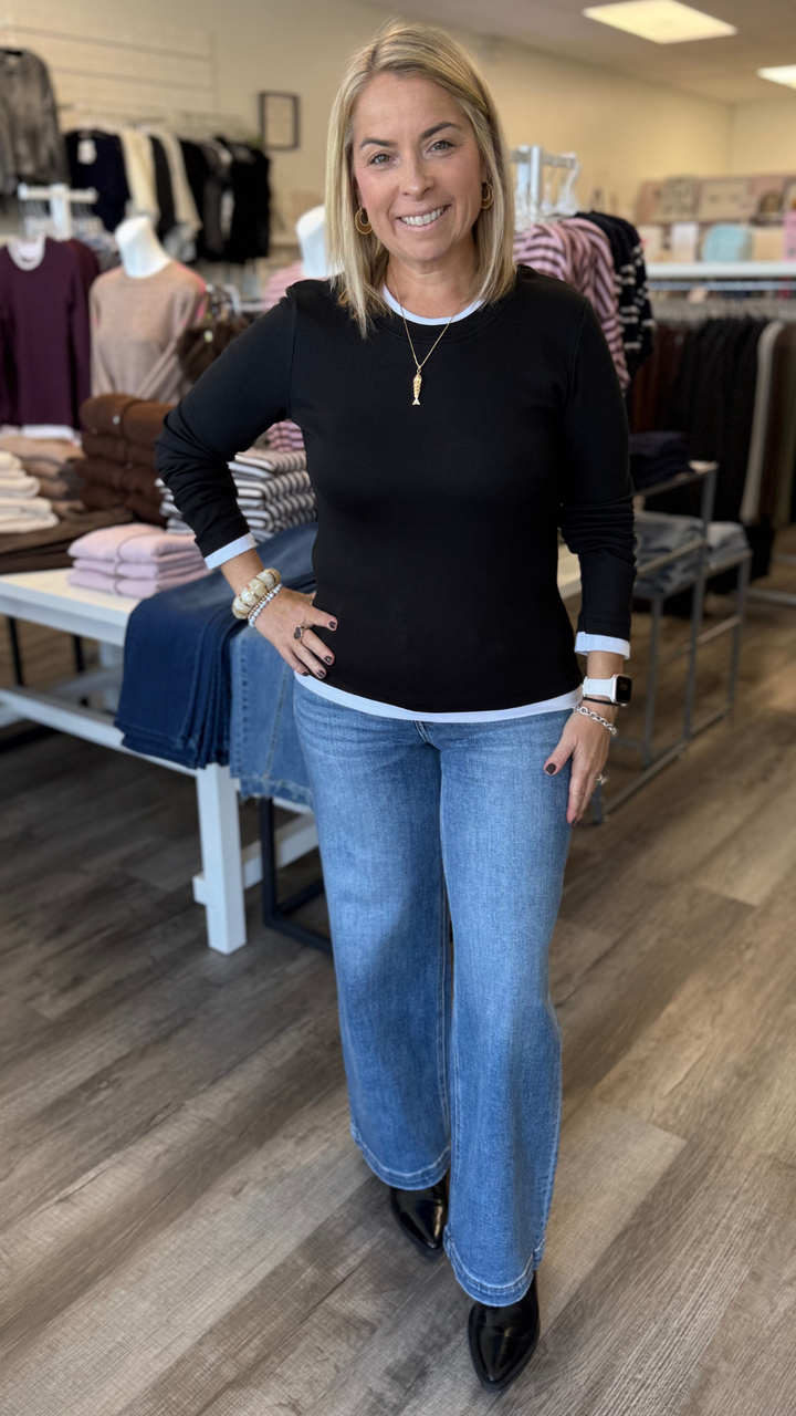 Black And White Contrast Trim Long Sleeve Top