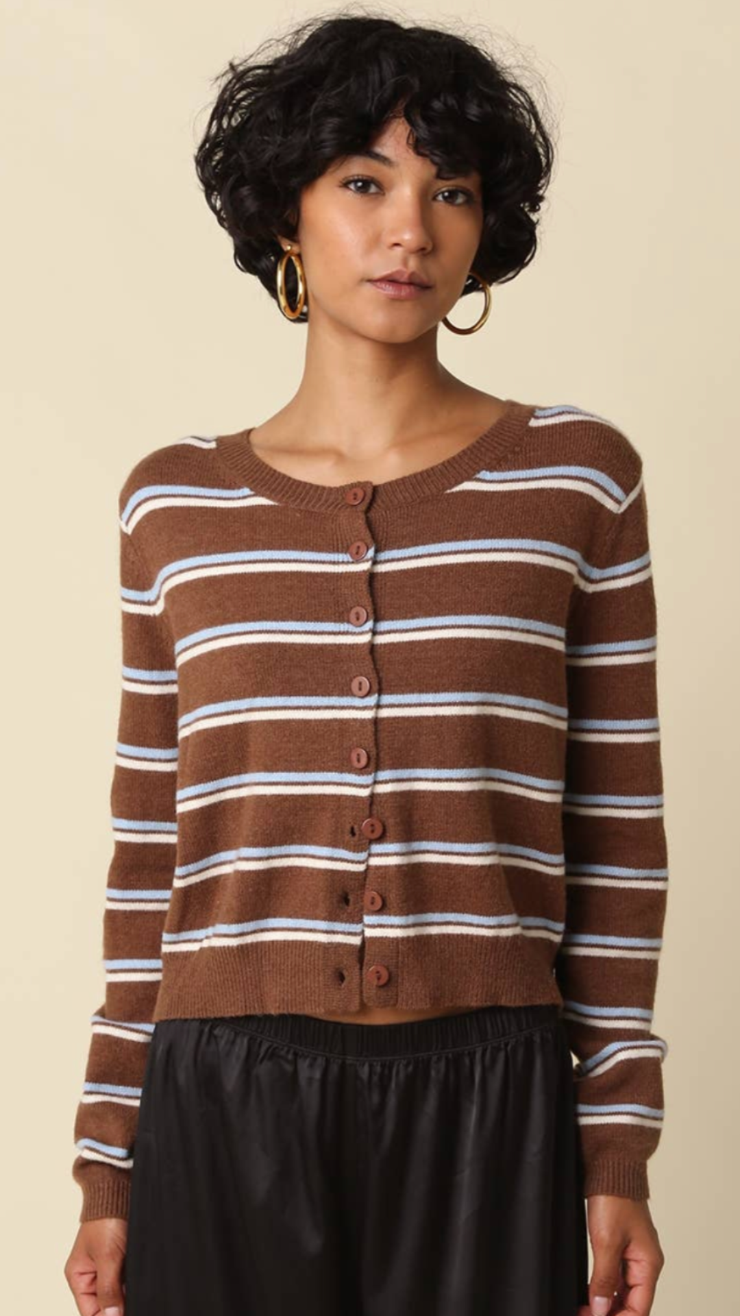 Coffee Light Blue And Cream Stripe Knit Cardigan Sweater