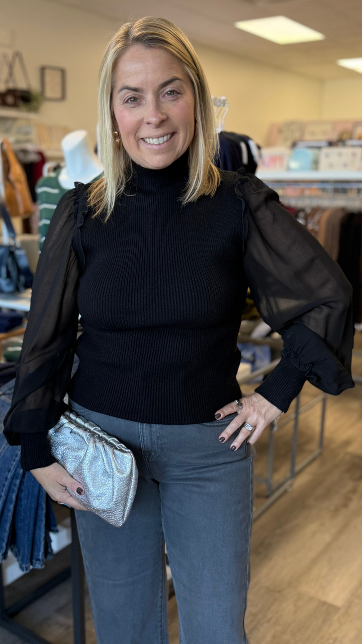 Black Mock Neck Mesh Sleeve Top