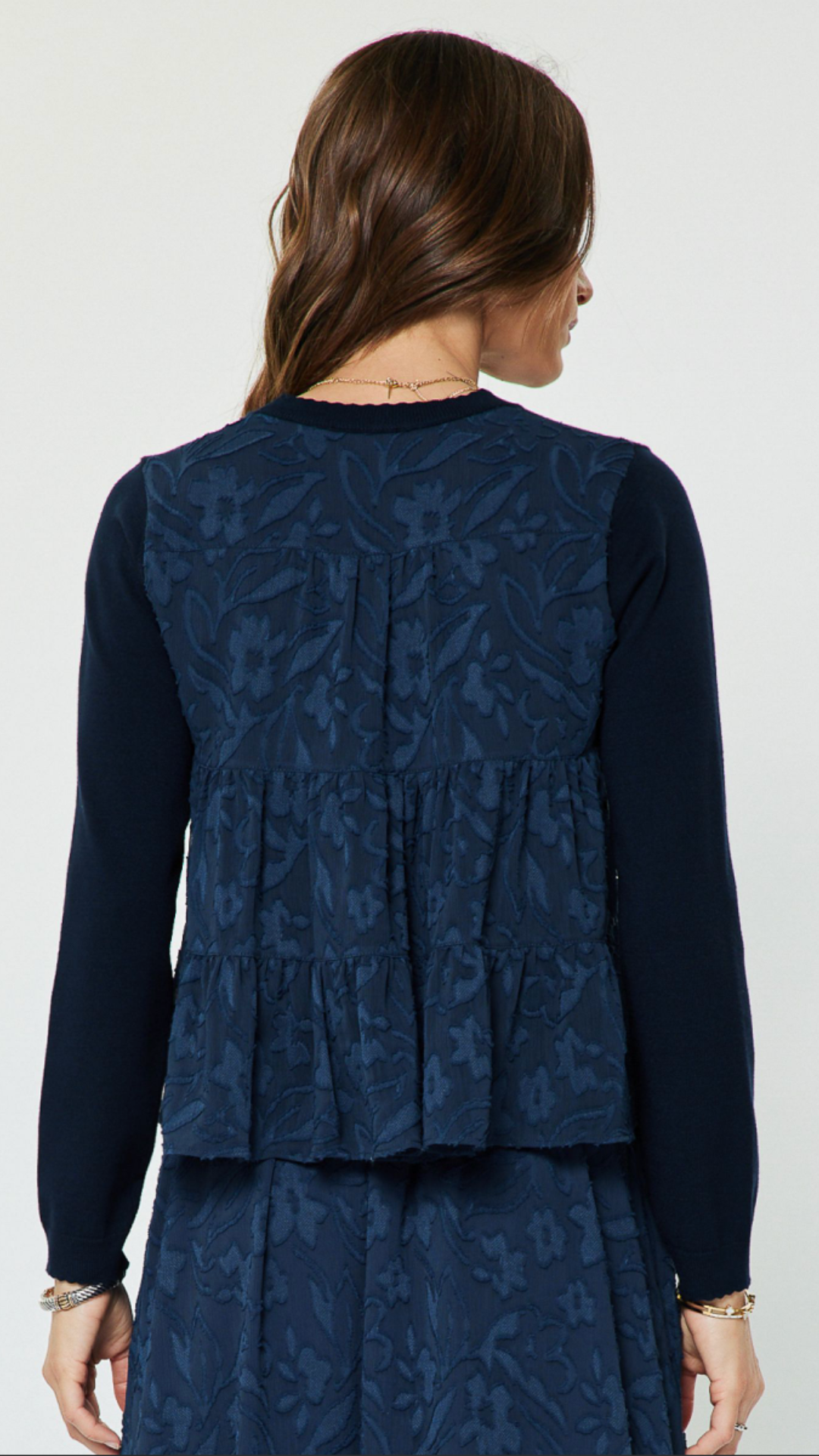 Fine Knit Front With Floral Jacquard Back Top