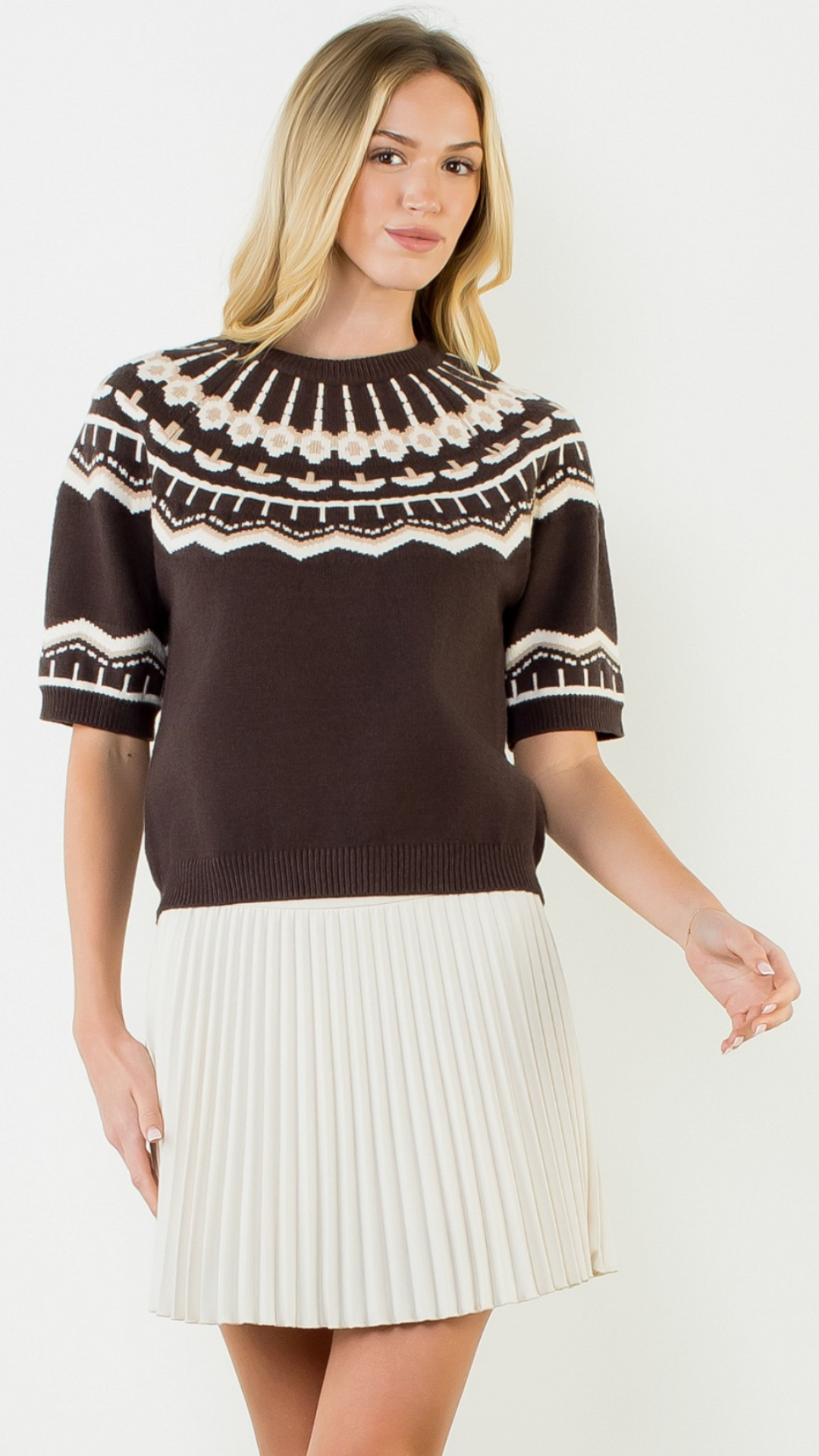 Brown Short Sleeve Fairisle Sweater