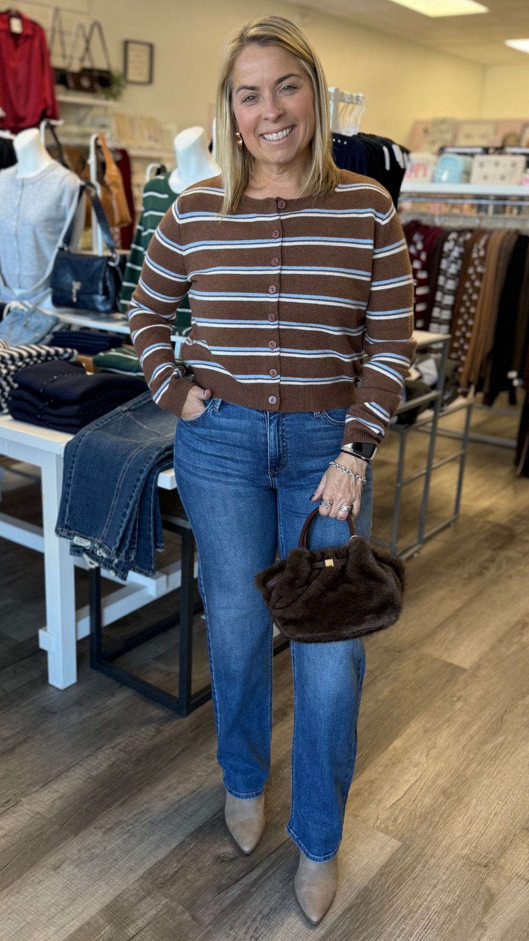 Coffee Light Blue And Cream Stripe Knit Cardigan Sweater