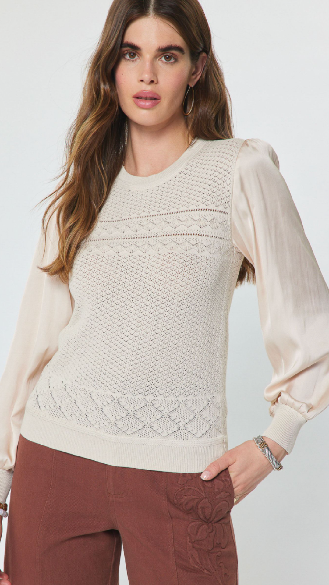 Champaign Pointelle Knit Mixed Media Top