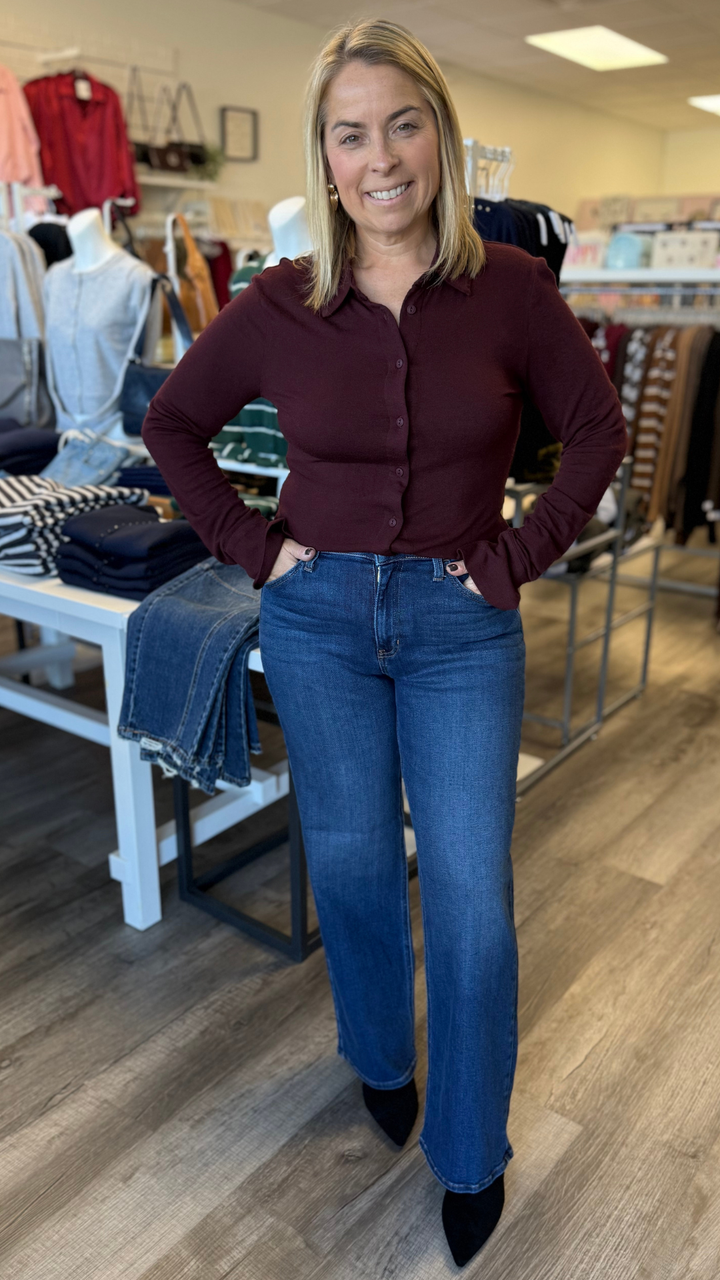 Burgundy Soft Long Sleeve Henley Knit Top