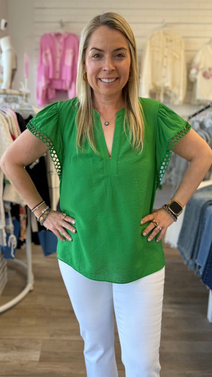 Spring Green Split Neck Blouse