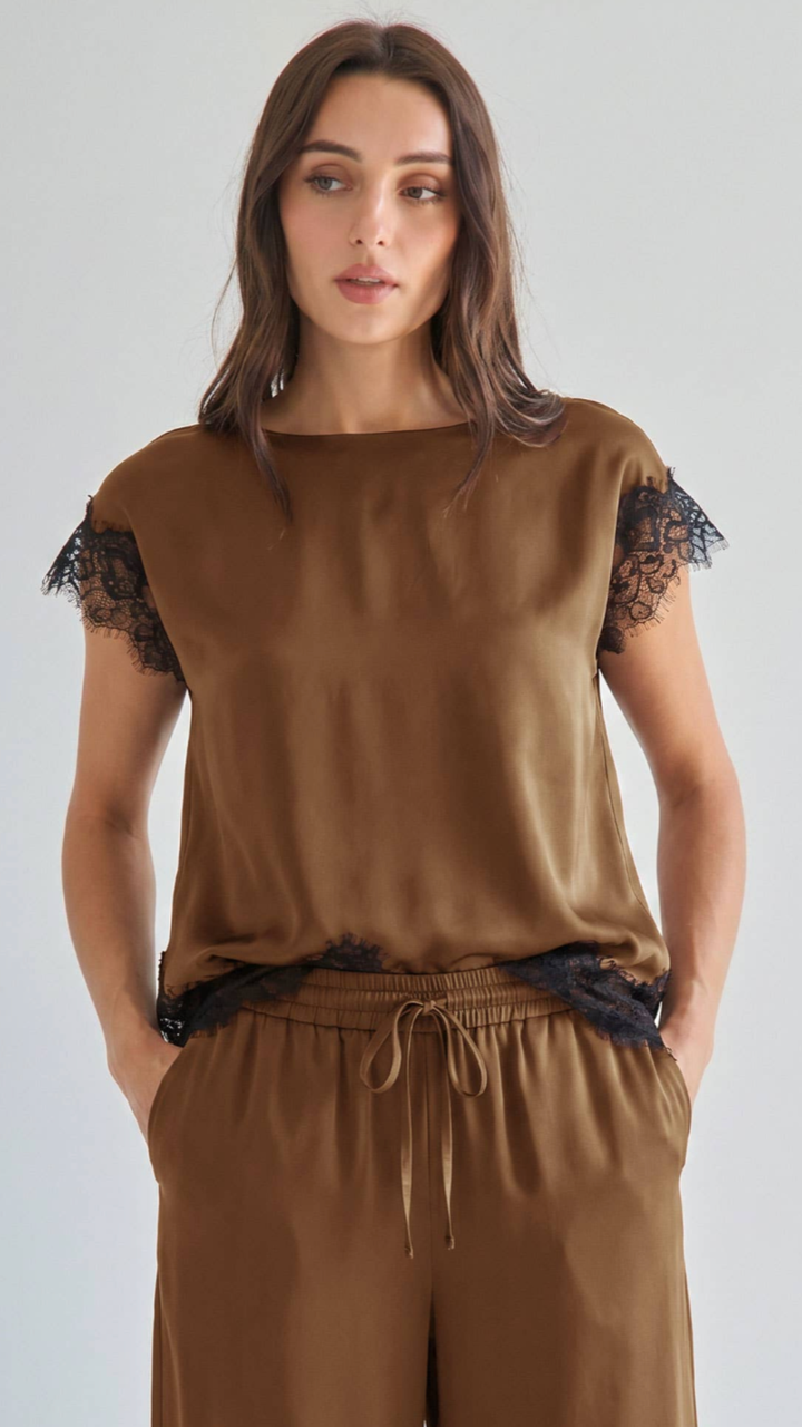 Mocha Satin Lace Top And Pants Set
