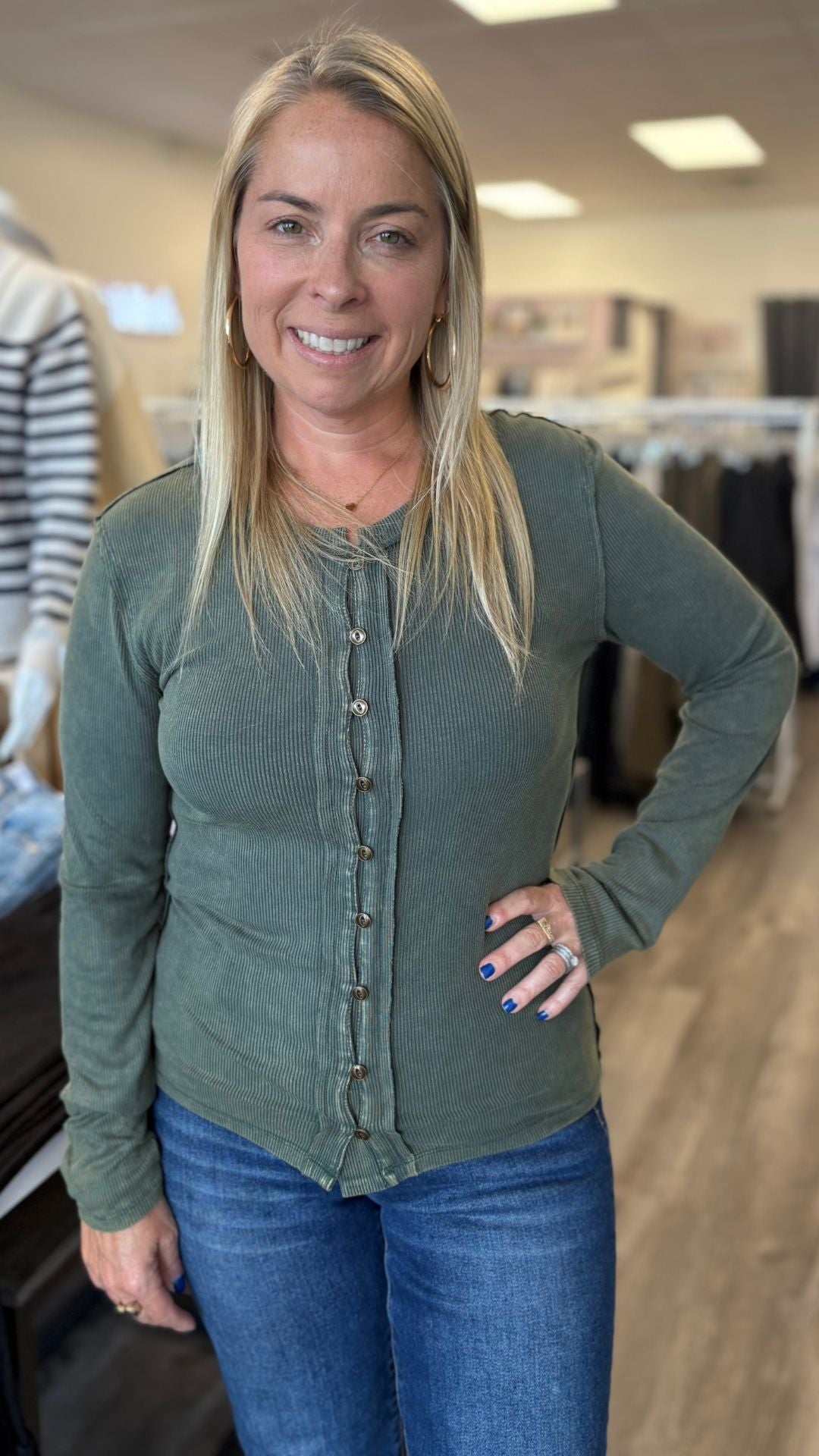 Forest Green Snow Wash Rib Button Down Long Sleeve
