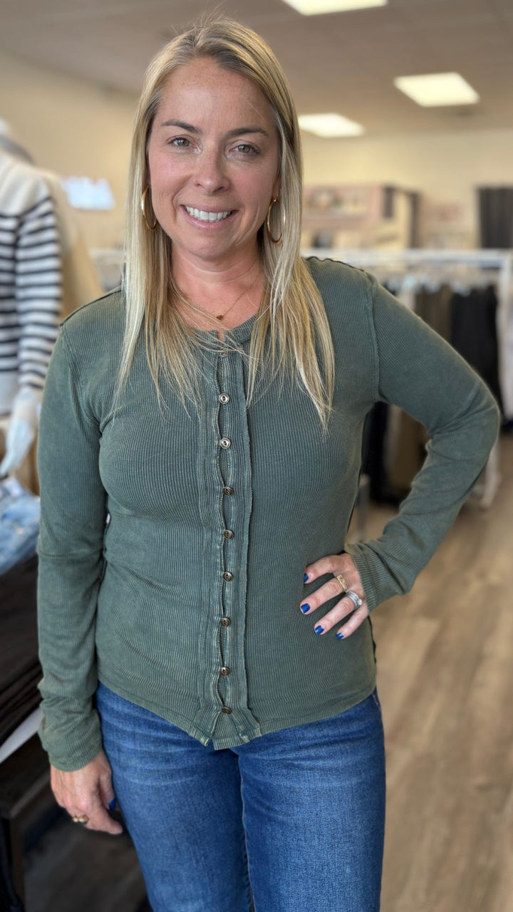 Forest Green Snow Wash Rib Button Down Long Sleeve
