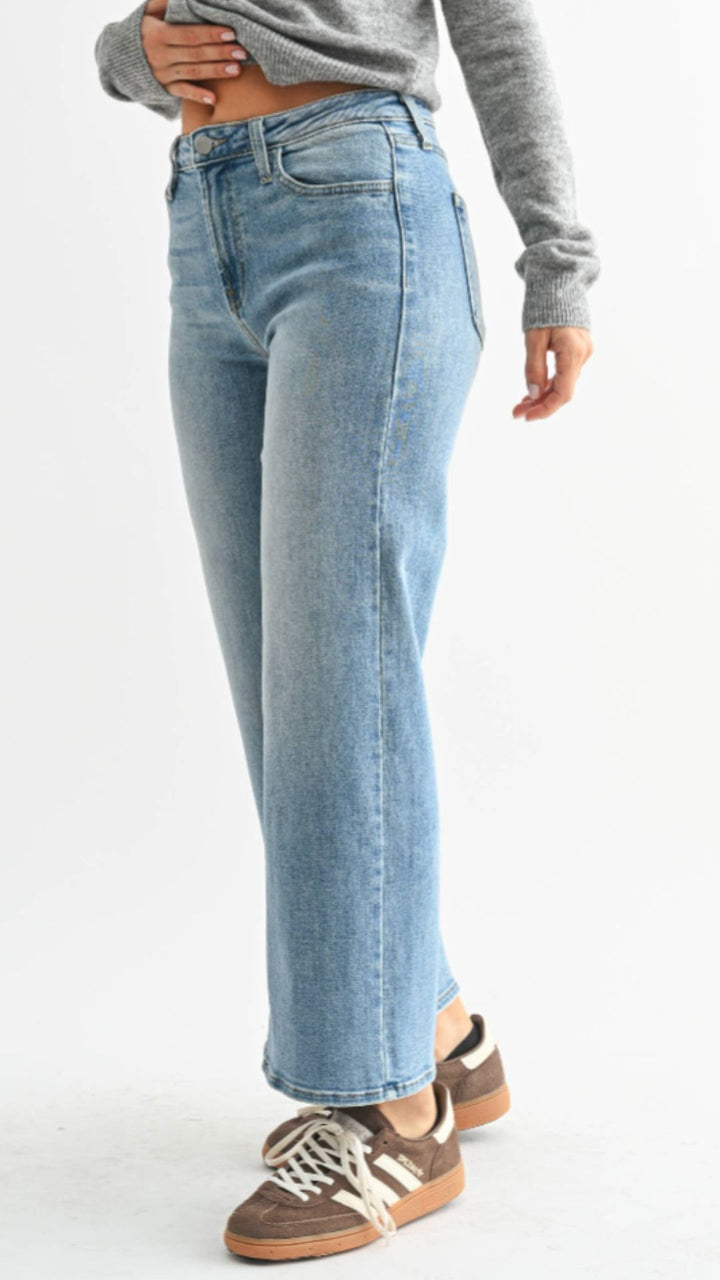 High Rise Medium Wash Slim Crop Wide Leg Jeans