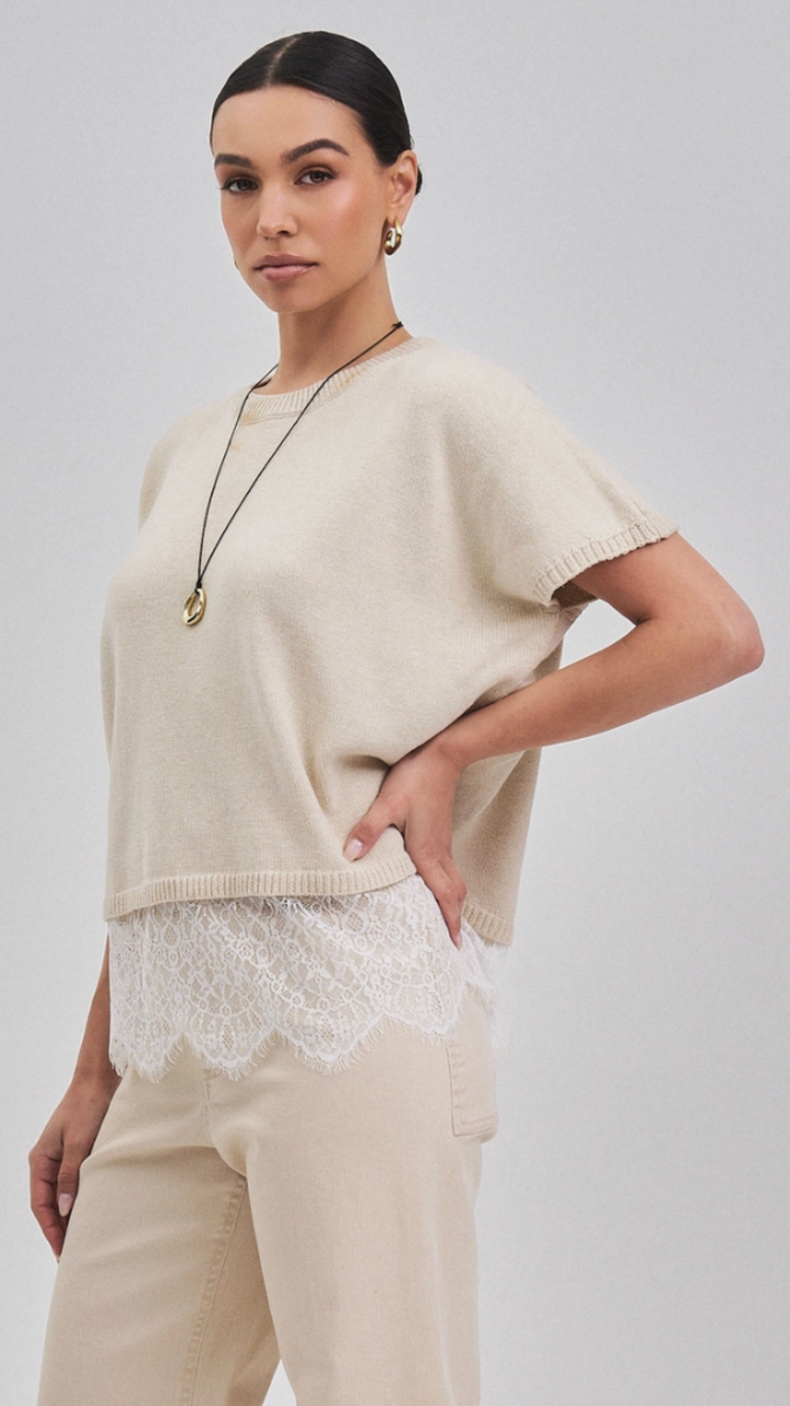 Lace Detail Short Sleeve Sweater Top