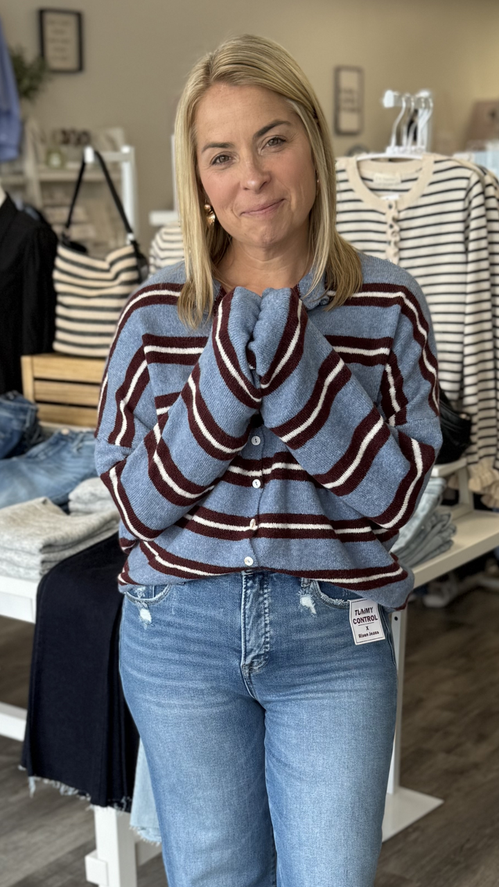 Dusty Blue Varsity Stripe Piper Cardigan