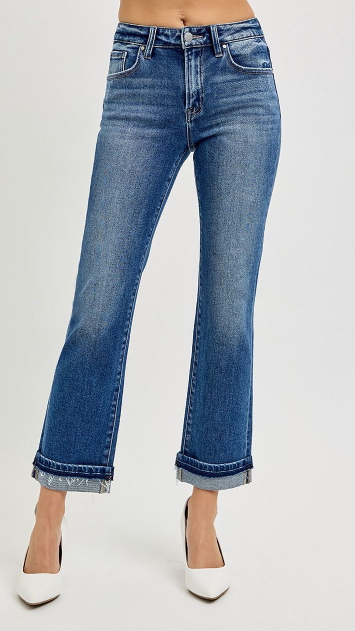 Mid Rise Ankle Straight Cuffed Jeans