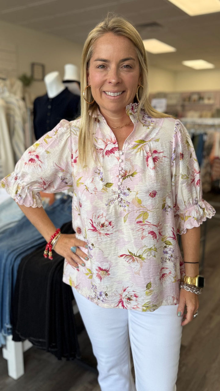 Ruffle Stand Collar Floral Blouse