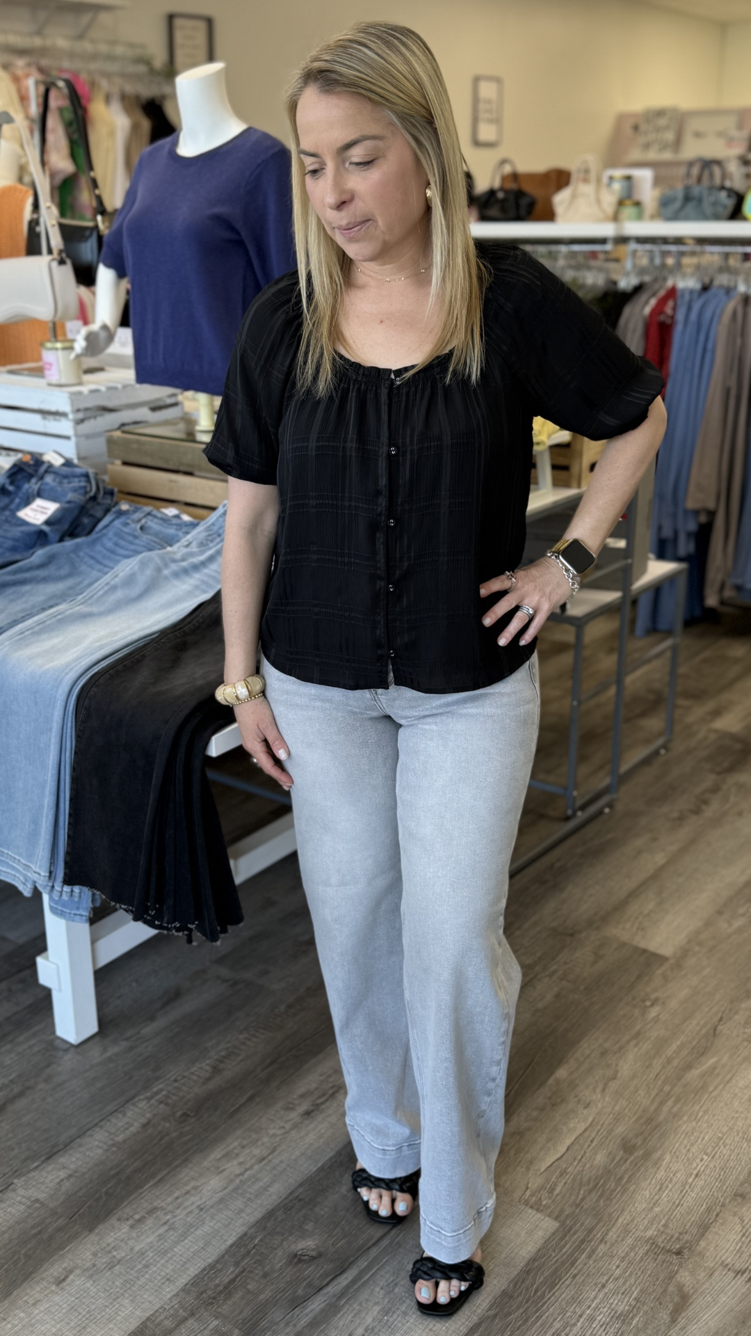 Elbow Sleeve Button Down Blouse