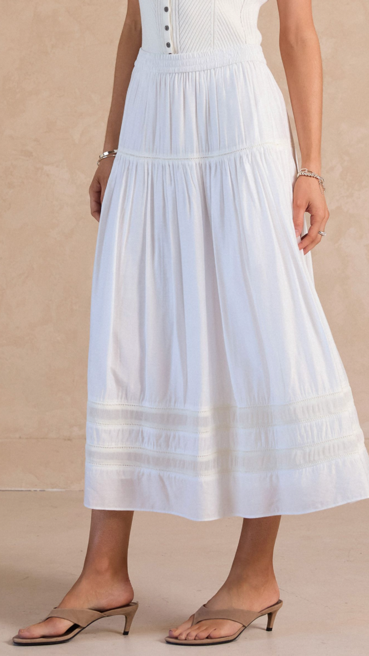 White Tiered Gathered Skirt With Ladder Lace