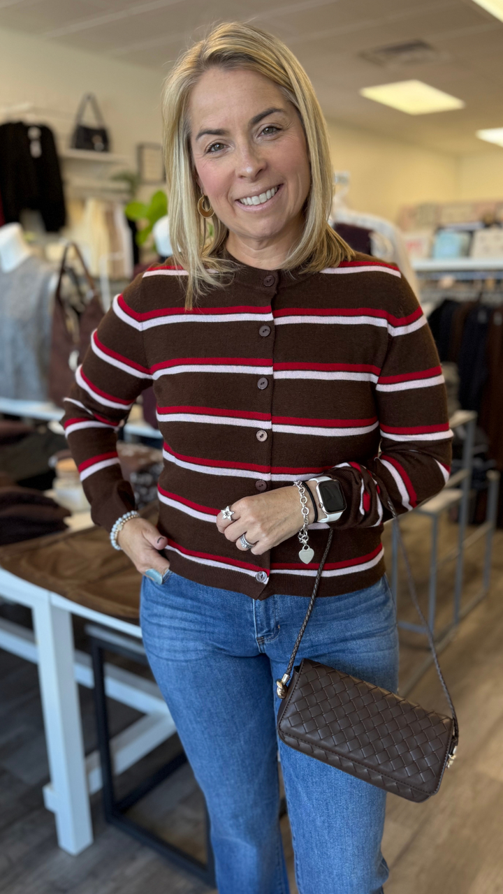Brown Red And Pink Multi Stripe Button Cardigan
