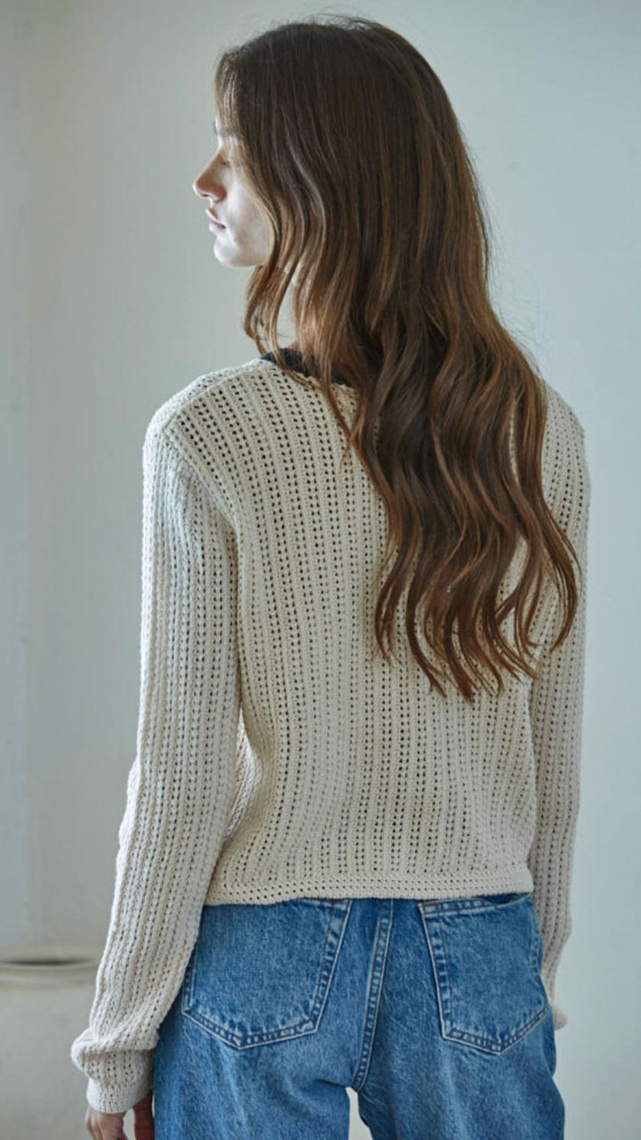 Natural Open Knit Cardigan With Black Trim