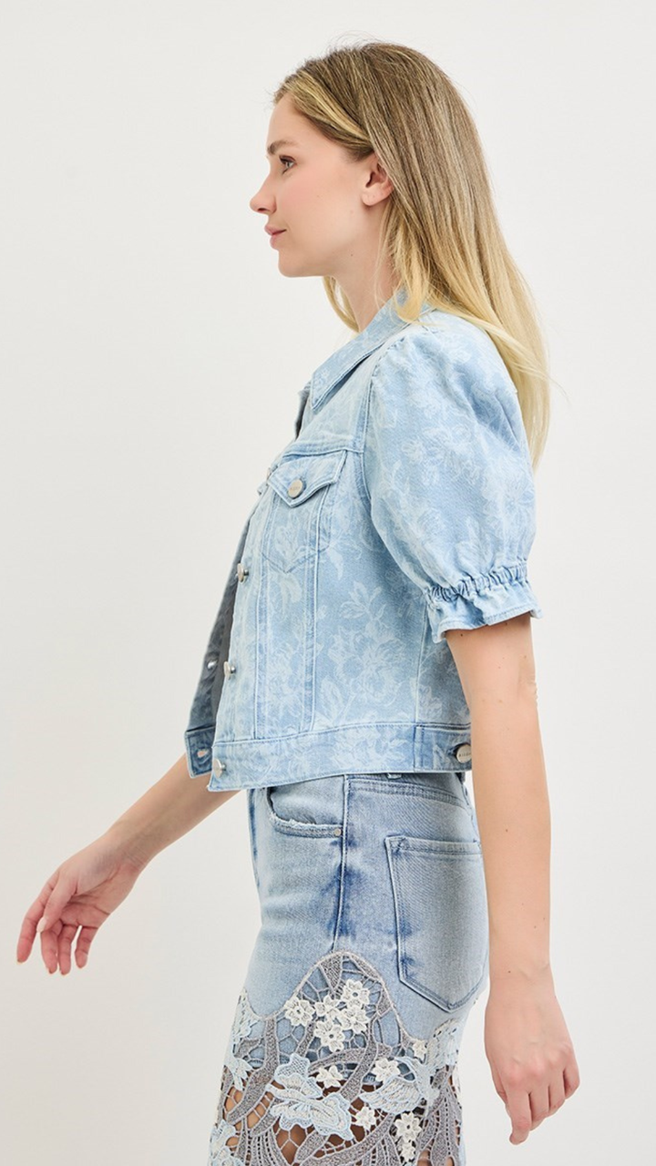 Floral Puff Sleeve Cropped Denim Jacket