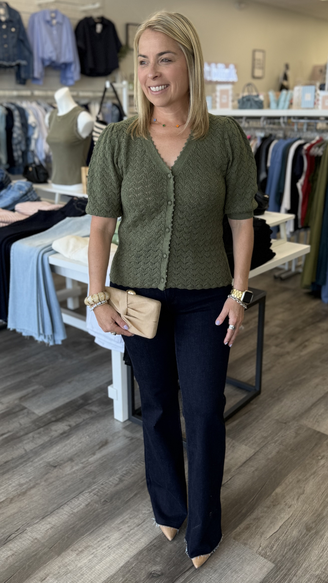 Olive Puff Sleeve Scalloped Edge Top