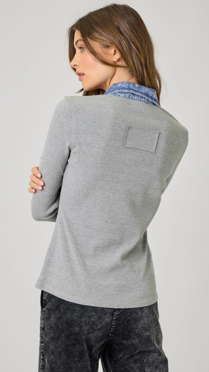 Melange Grey Washed Rib Thermal Button Down Top