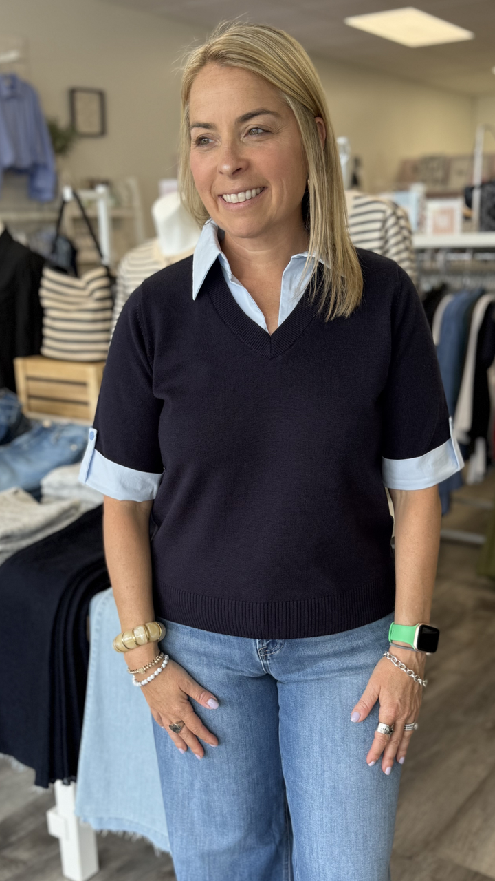 Navy Layered Look Short Sleeve Sweater Top