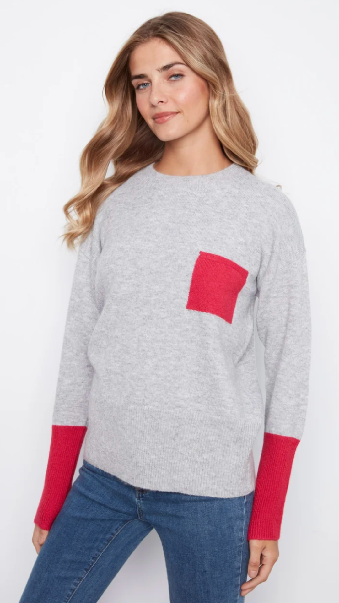Grey Crew Neck Sweater With Red Contrast Details