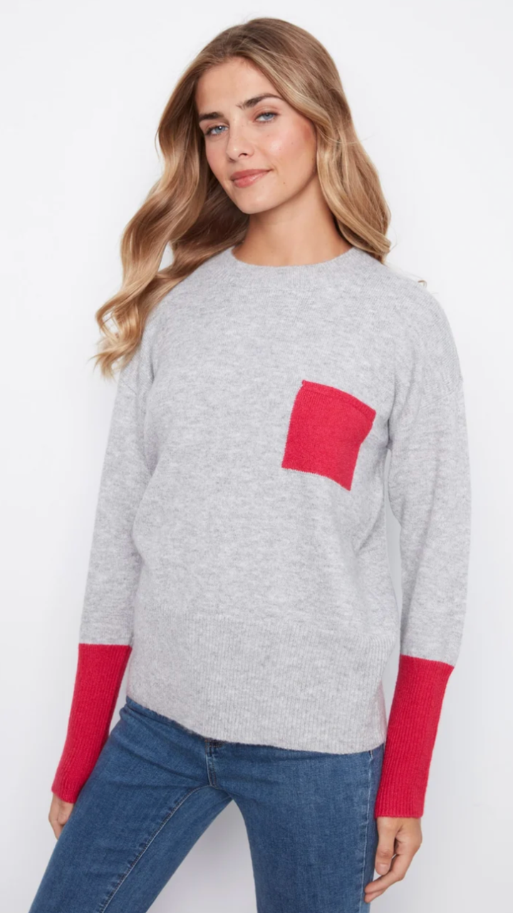 Grey Crew Neck Sweater With Red Contrast Details