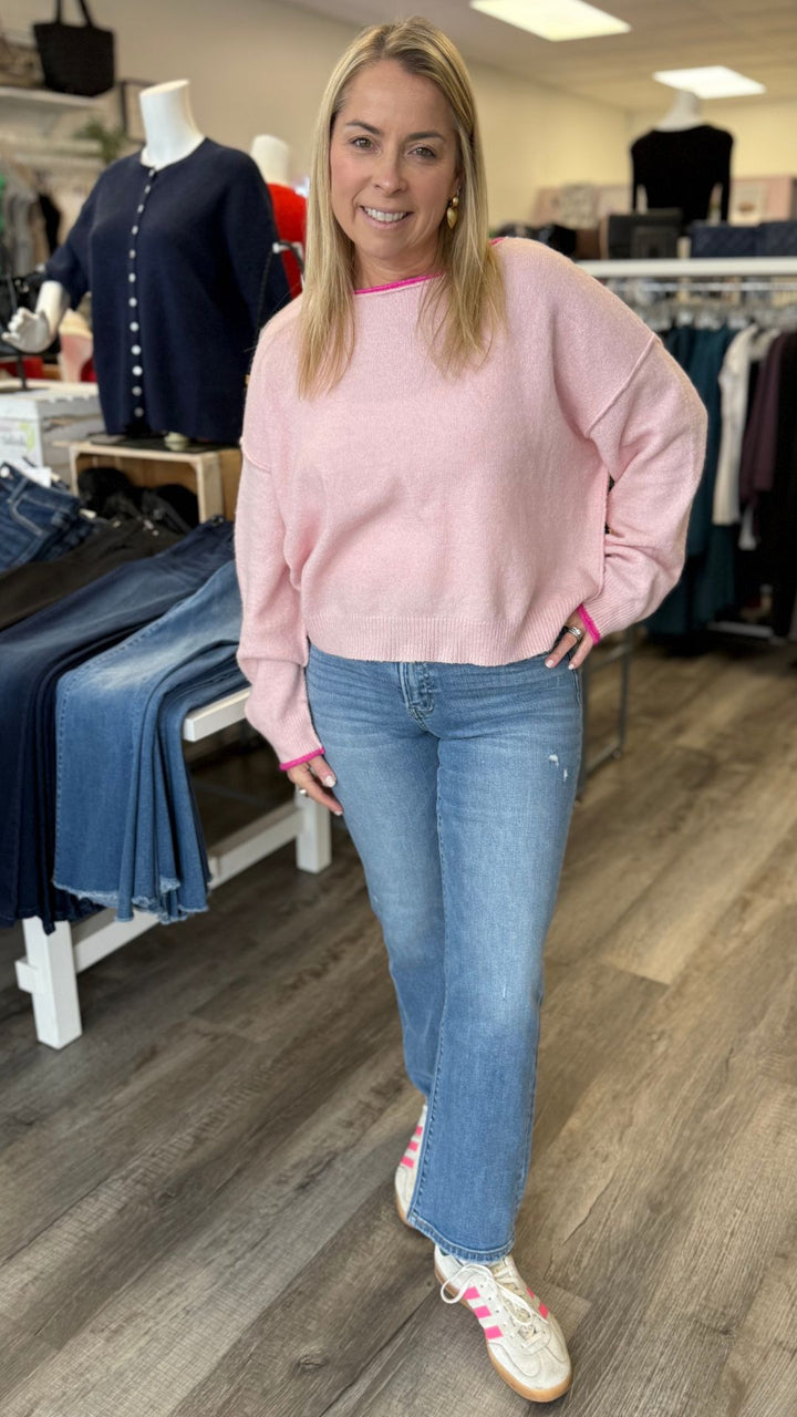 Light Pink Pullover Sweater With Dark Pink Trim