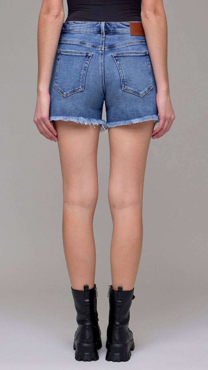 High Rise Medium Wash Frayed Hem Boyfriend Shorts