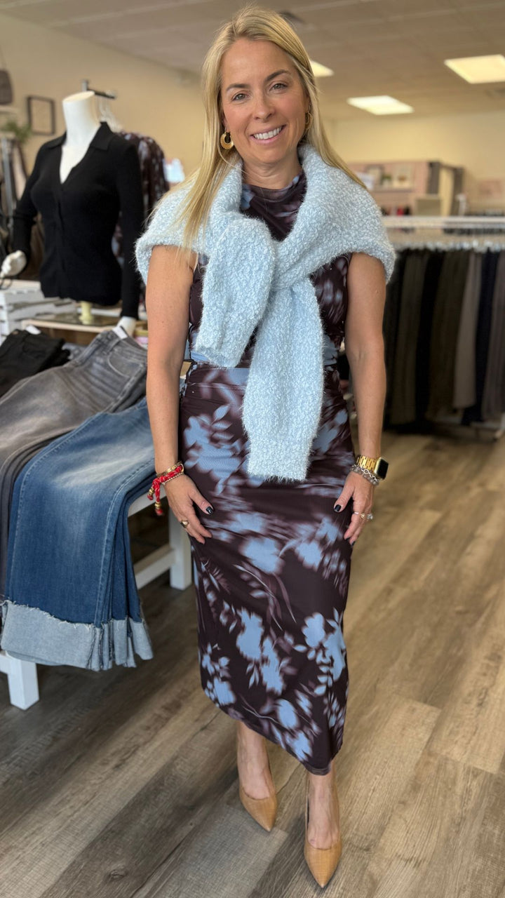 Brown And Blue Floral Mesh Ruched Midi Dress