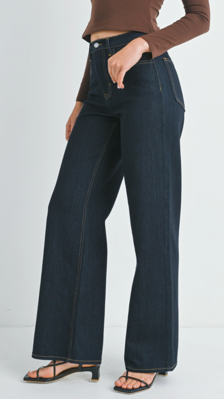 High Rise Super Dark Classic Wide Leg Full Length Jeans