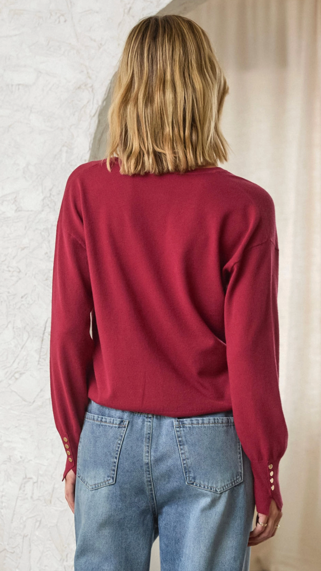 Burgundy V Neck Buttoned Sleeve Sweater