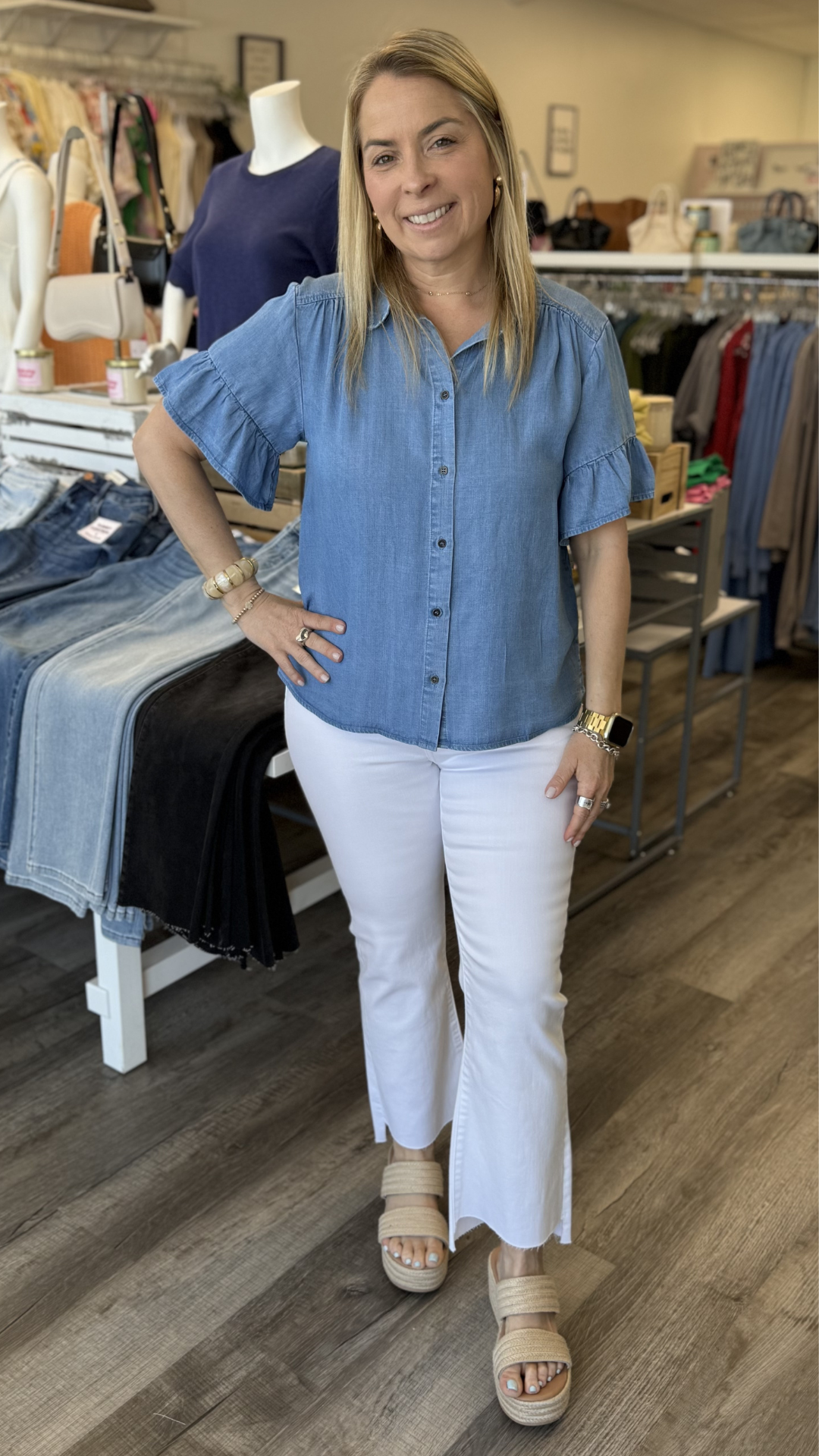 Tencel Ruffle Sleeve Button Down Top