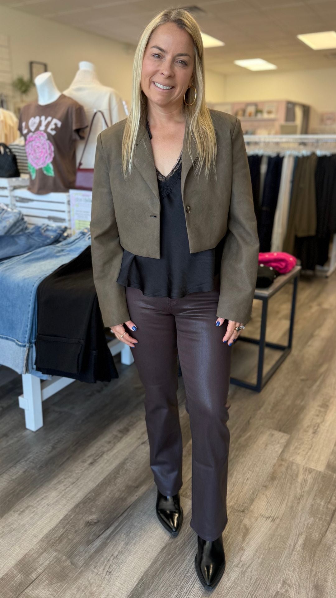 Mid Rise Coated Espresso Slim Cropped Bootcut Jeans
